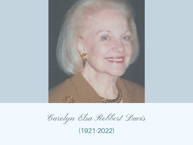 Photo of Carolyn Elsa Robbert Davis (1921-2022) on light blue background