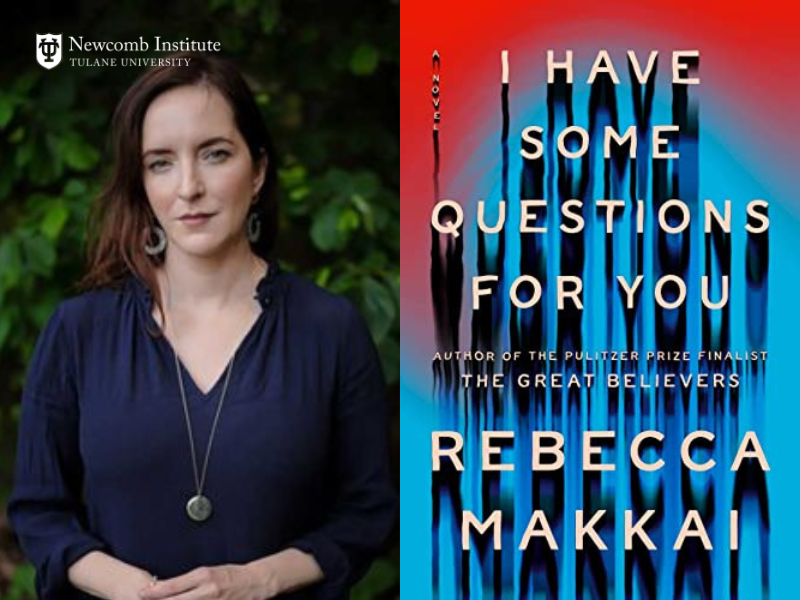 Photo of Rebecca Makkai next to cover of her book "I Have Some Questions for You"